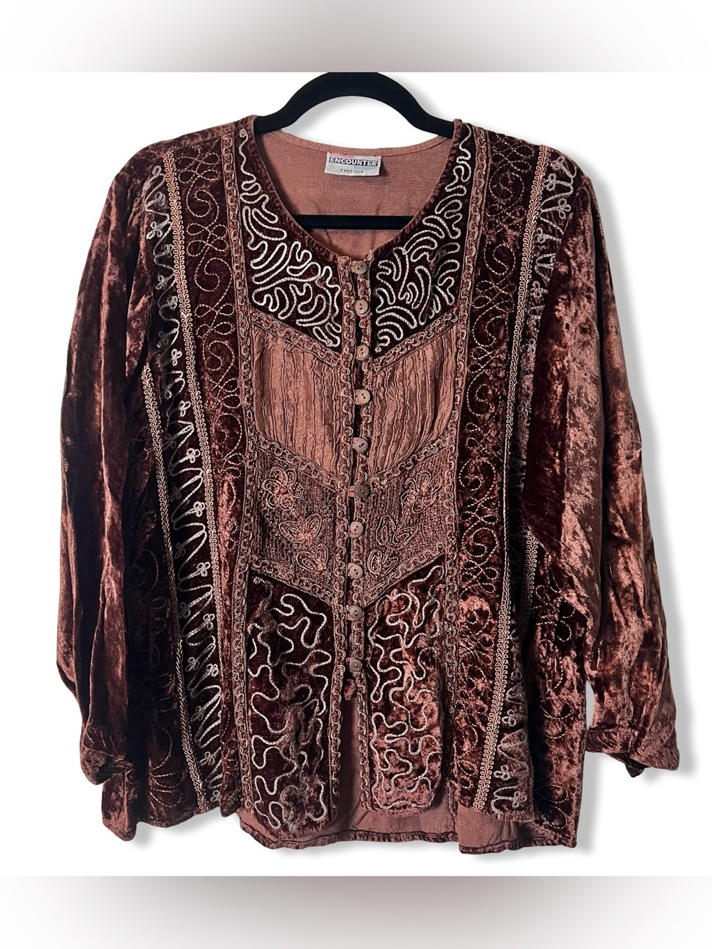 Encounter VTG Brown Crushed Velvet Embroidered Button Top Boho 90s Whimsigoth OS